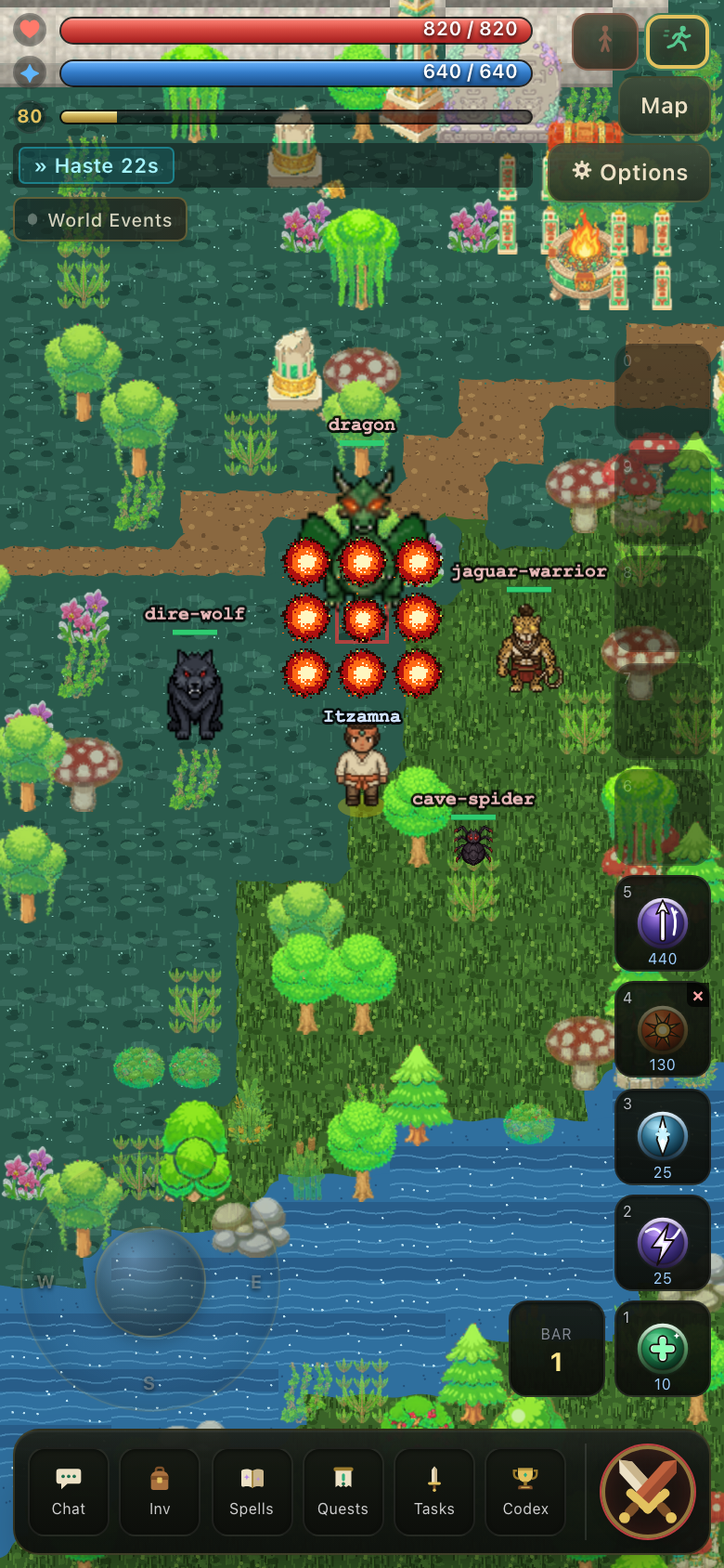 Tikal top-down 2D MMORPG combat on a mobile phone